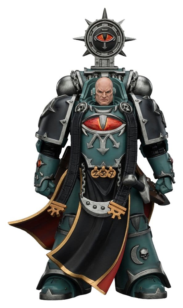 JoyToy Horus Heresy Sons of Horus Dark Emissary Consul figure, unhelmeted front view with black robes, close-up