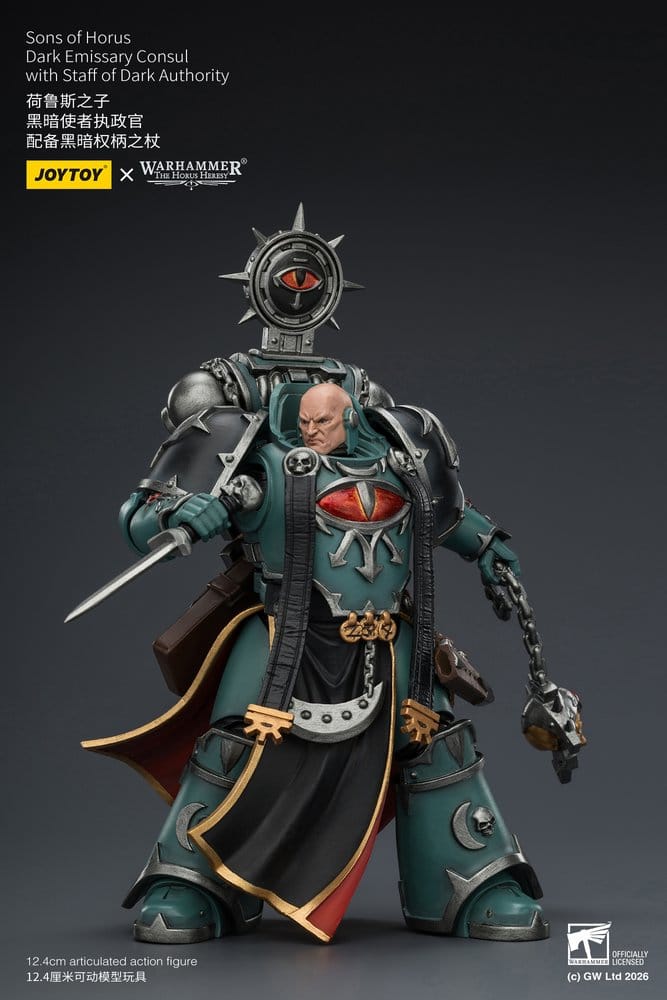 JoyToy Horus Heresy Sons of Horus Dark Emissary Consul figure, knife and flail in hand, three-quarter view