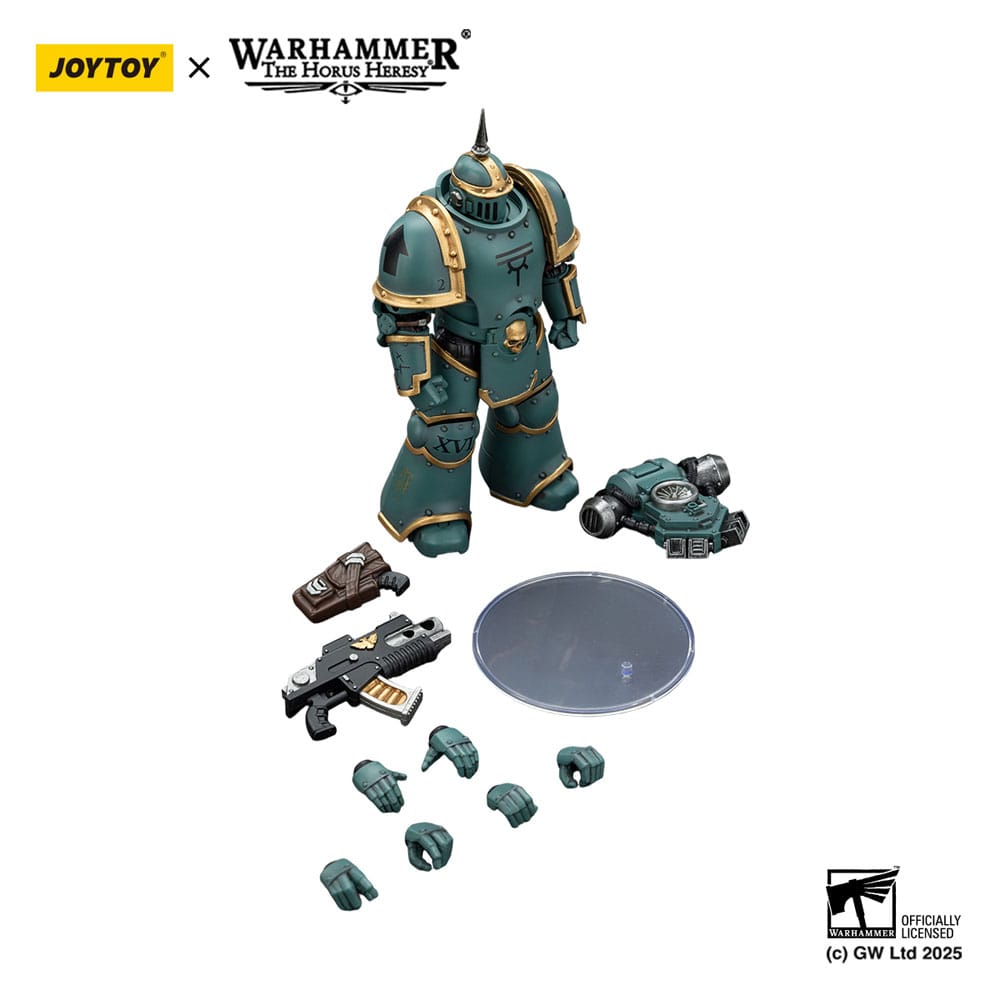 JoyToy Horus Heresy Sons of Horus MK III Tactical Legionary figure, contents on white: figure, weapons, hands, stand