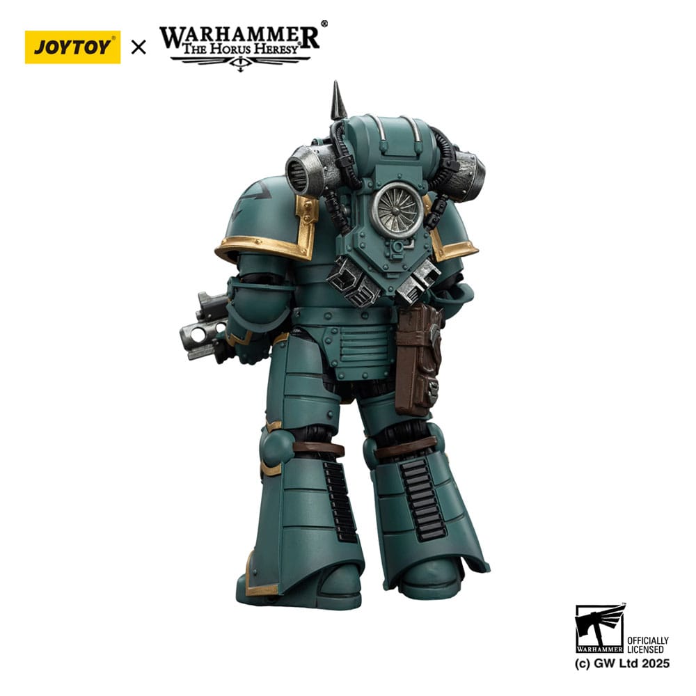 JoyToy Horus Heresy Sons of Horus MK III Tactical Legionary figure, back view showing backpack, on white