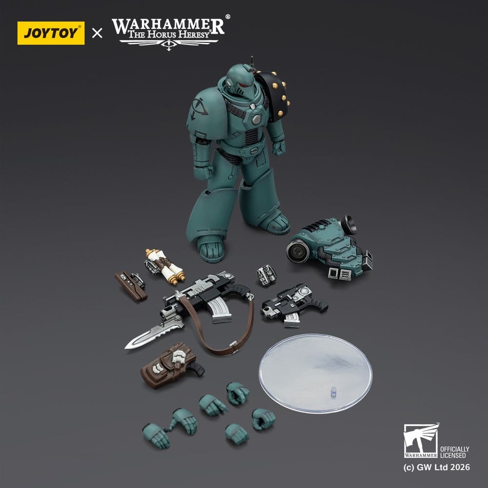 JoyToy Horus Heresy Sons of Horus MKVI Tactical Legionary figure, contents on dark: figure, weapons, hands, stand