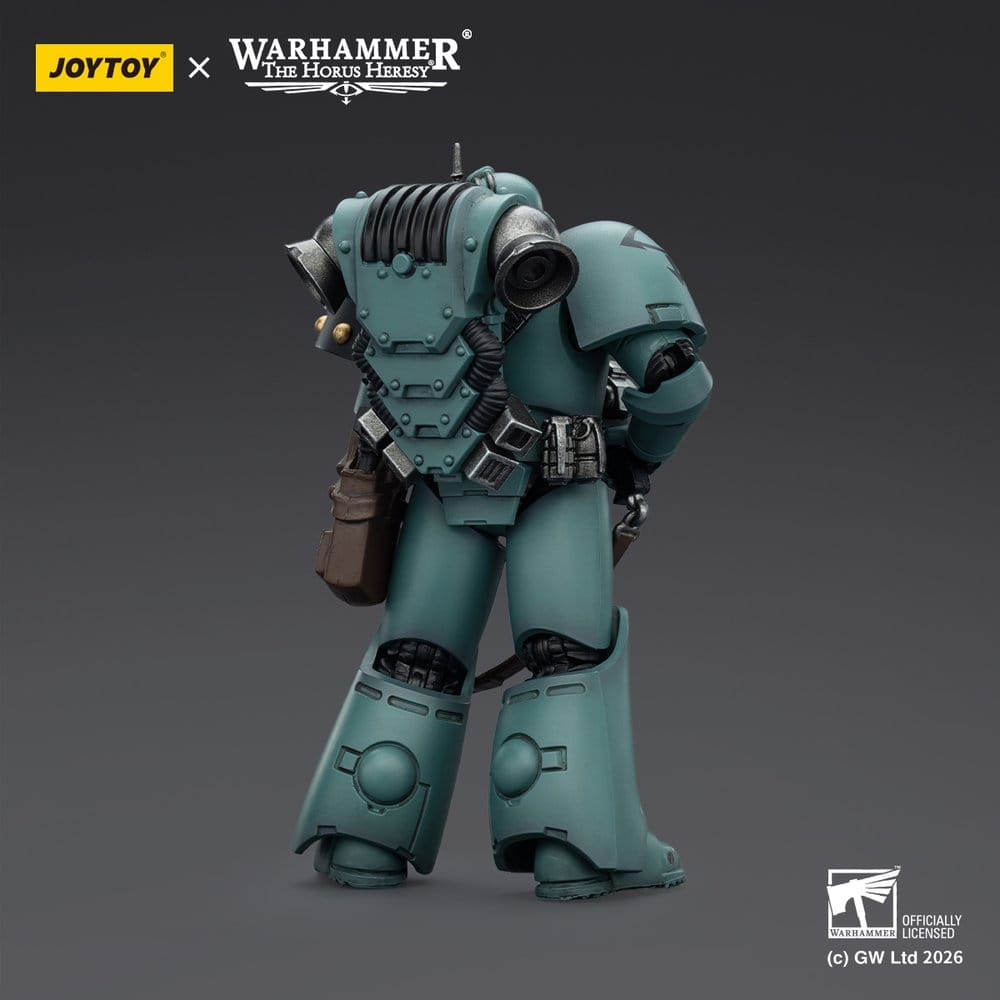 JoyToy Horus Heresy Sons of Horus MKVI Tactical Legionary figure, back view showing backpack, on dark