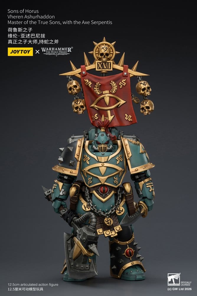 JoyToy Horus Heresy Sons of Horus Vheren Ashurhaddon figure, front view holding Axe Serpentis lowered