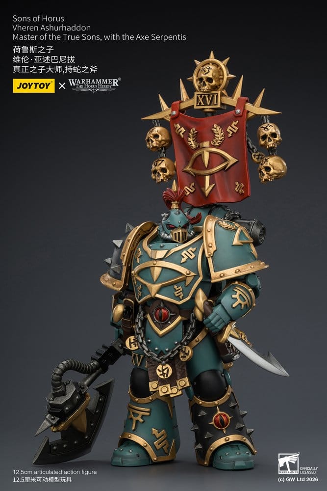 JoyToy Horus Heresy Sons of Horus Vheren Ashurhaddon figure, axe held at side, three-quarter view