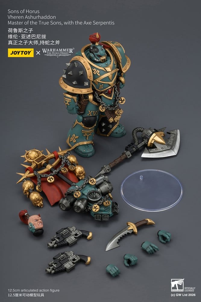 JoyToy Horus Heresy Sons of Horus Vheren Ashurhaddon figure, contents: figure, axe, pistol, banner, head, hands, stand