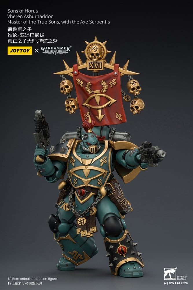 JoyToy Horus Heresy Sons of Horus Vheren Ashurhaddon figure, aiming pistol, front view
