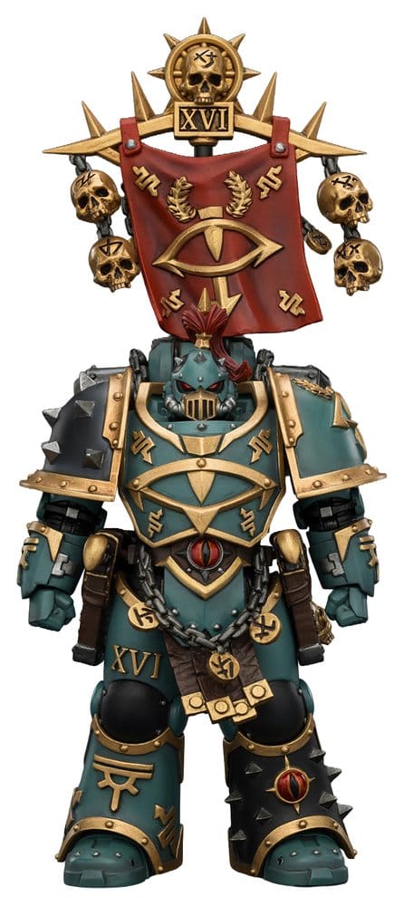JoyToy Horus Heresy Sons of Horus Vheren Ashurhaddon figure, front view with red back banner, close-up