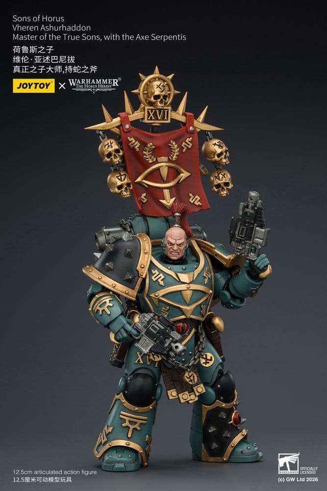 JoyToy Horus Heresy Sons of Horus Vheren Ashurhaddon figure, unhelmeted, holding pistol