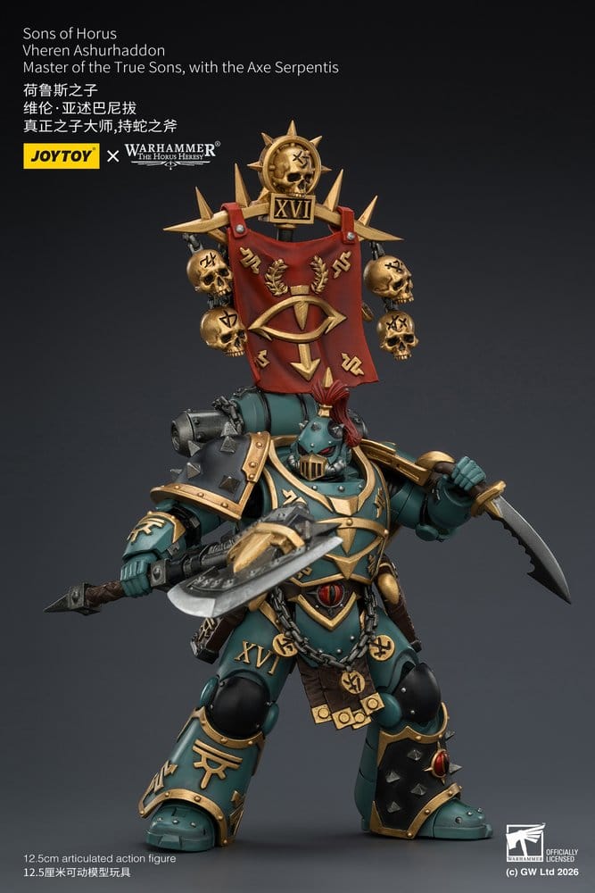 JoyToy Horus Heresy Sons of Horus Vheren Ashurhaddon figure, axe and blade held out wide