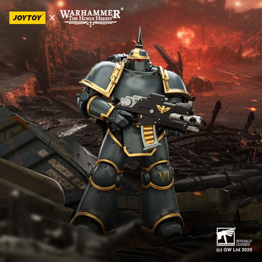 JoyToy Horus Heresy Space Wolves MK III Tactical Legionary figure, holding bolter against battlefield backdrop