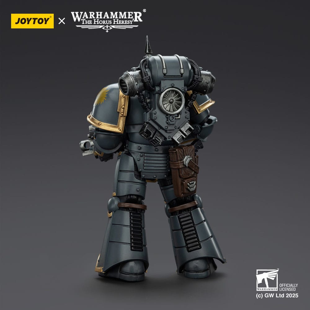 JoyToy Horus Heresy Space Wolves MK III Tactical Legionary figure, back view showing backpack, on dark