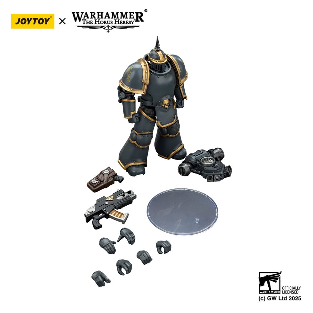 JoyToy Horus Heresy Space Wolves MK III Tactical Legionary figure, contents on white: figure, weapons, hands, stand