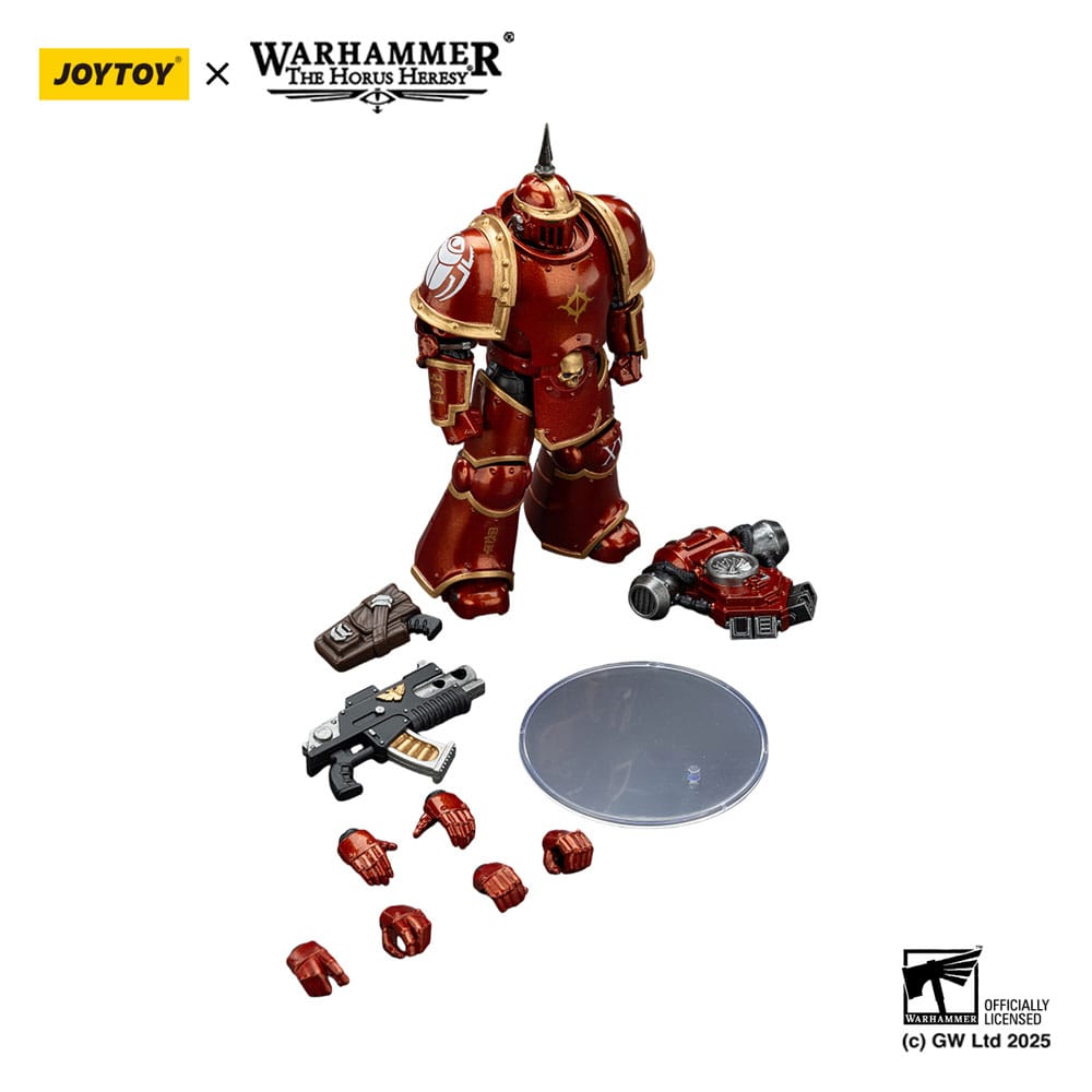 JoyToy Horus Heresy Thousand Sons MK III Tactical Legionary figure, contents on white: figure, weapons, hands, stand