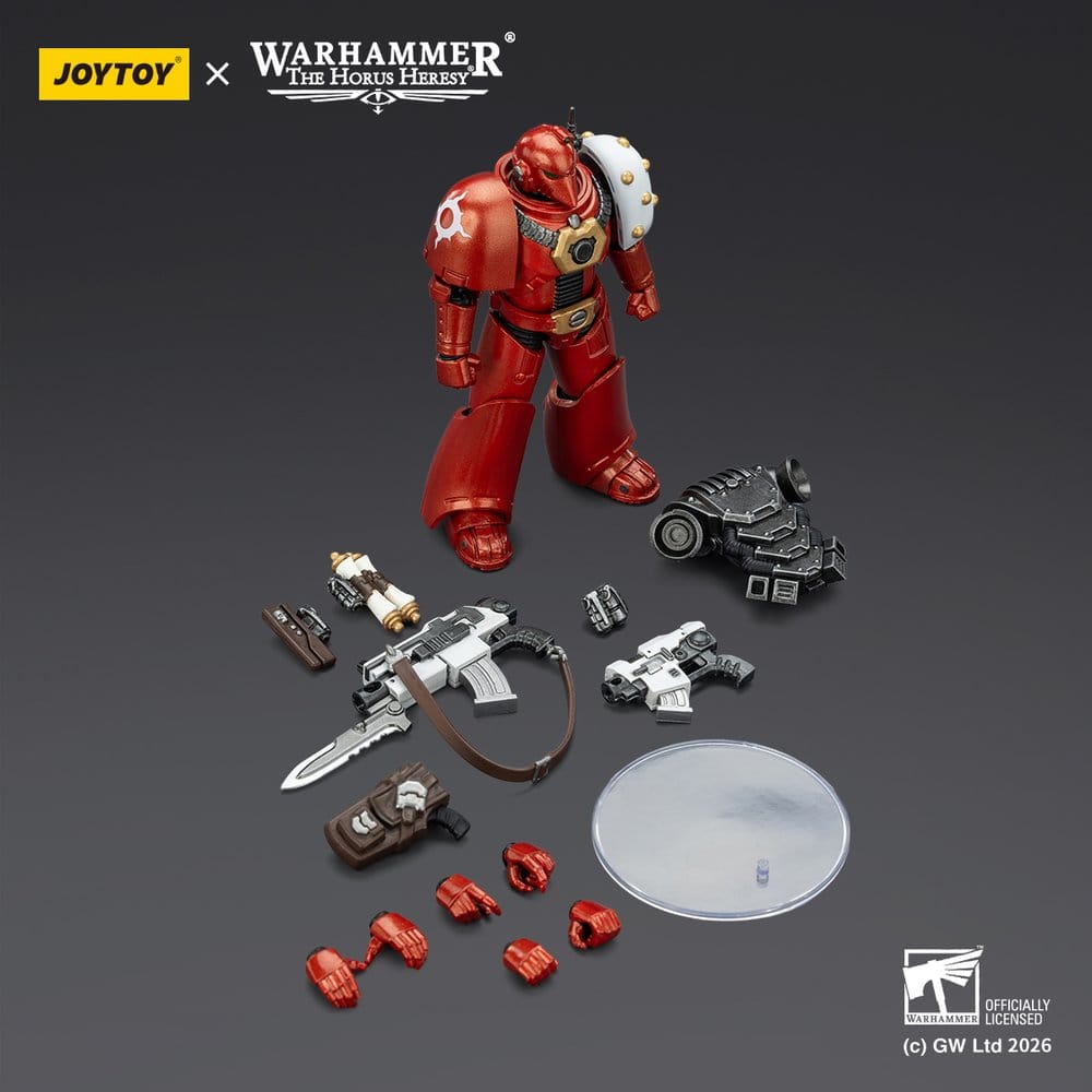 JoyToy Horus Heresy Thousand Sons MKVI Tactical Legionary figure, contents on dark: figure, weapons, hands, stand