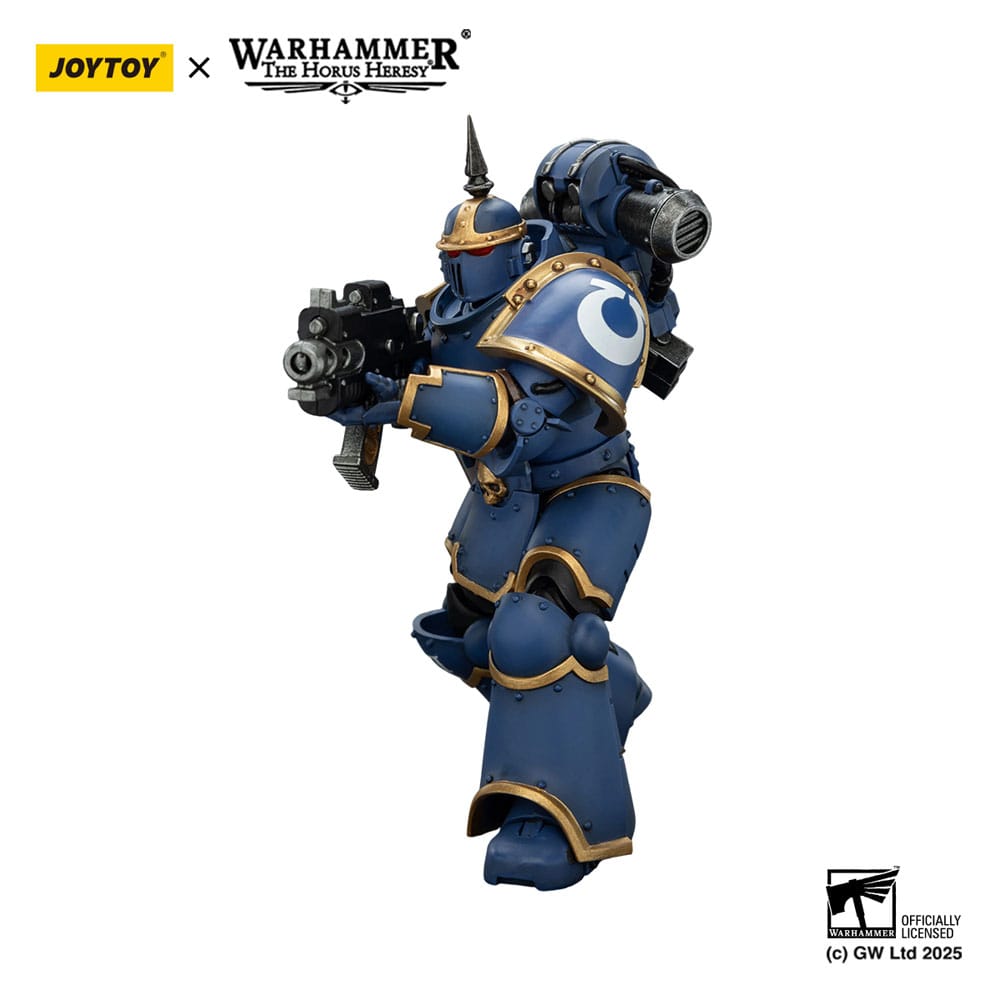 JoyToy Horus Heresy Ultramarines MK III Tactical Legionary figure, side view aiming bolter, on white