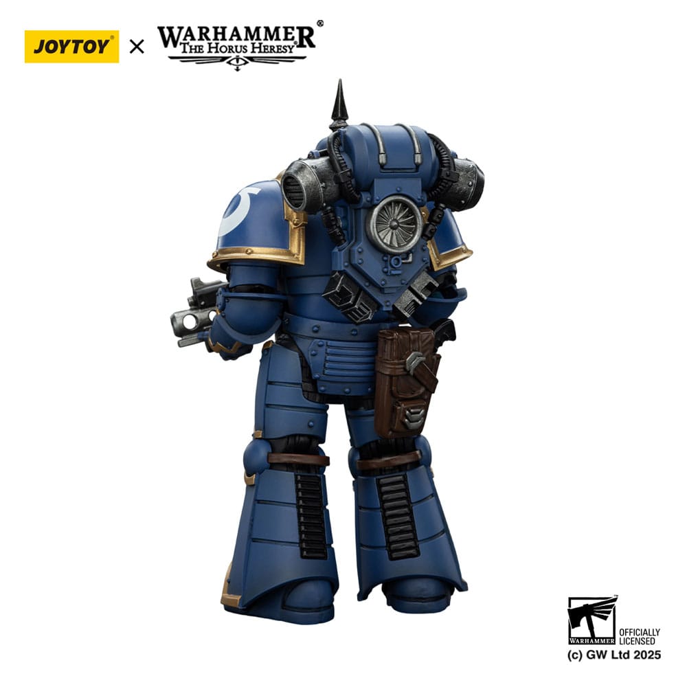 JoyToy Horus Heresy Ultramarines MK III Tactical Legionary figure, back view showing backpack, on white