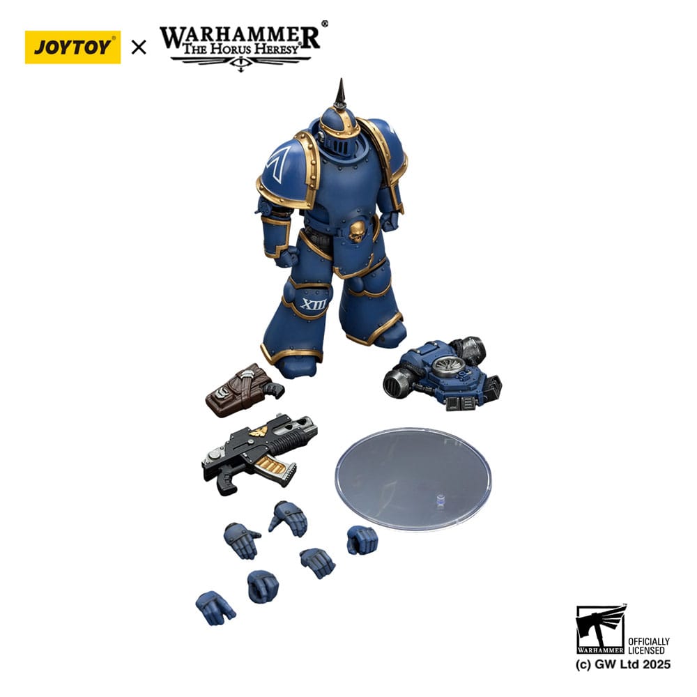 JoyToy Horus Heresy Ultramarines MK III Tactical Legionary figure, contents on white: figure, weapons, hands, stand