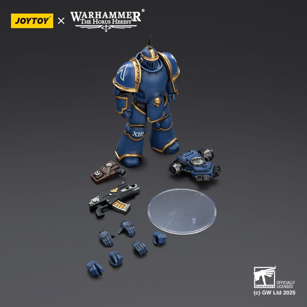 JoyToy Horus Heresy Ultramarines MK III Tactical Legionary figure, contents on dark: figure, weapons, hands, stand