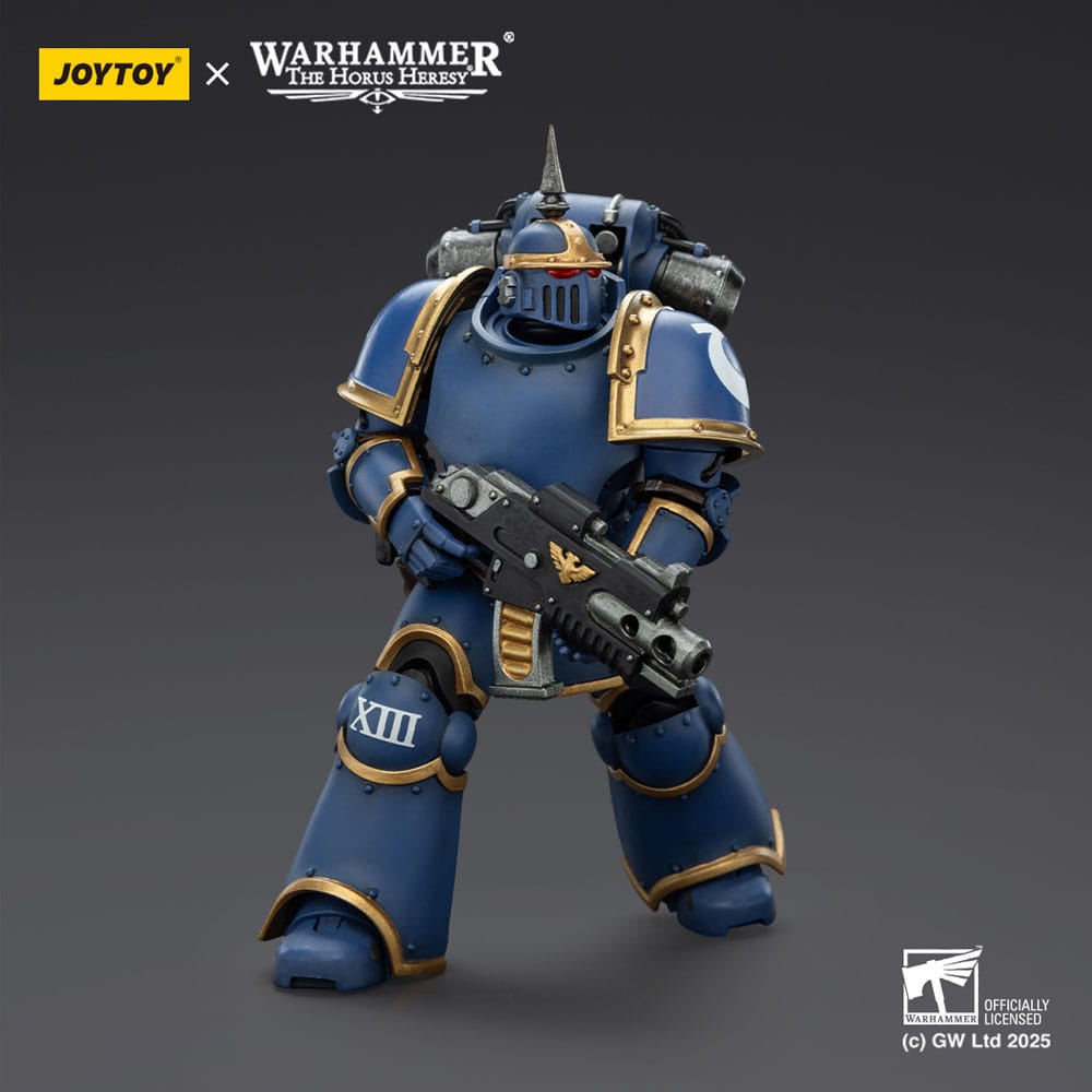 JoyToy Horus Heresy Ultramarines MK III Tactical Legionary figure, holding bolter, three-quarter view, on dark