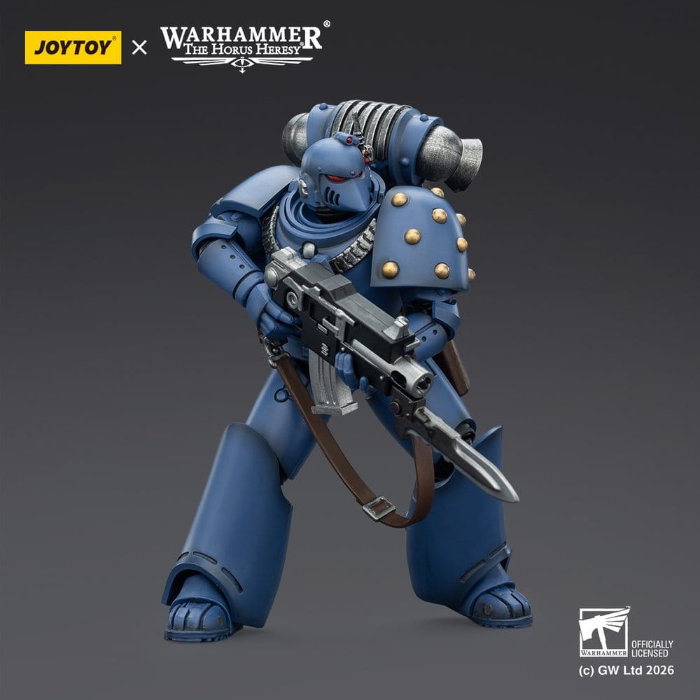 JoyToy Ultramarines MKVI Tactical Legionary figure holding bayoneted boltgun at the hip, dark background