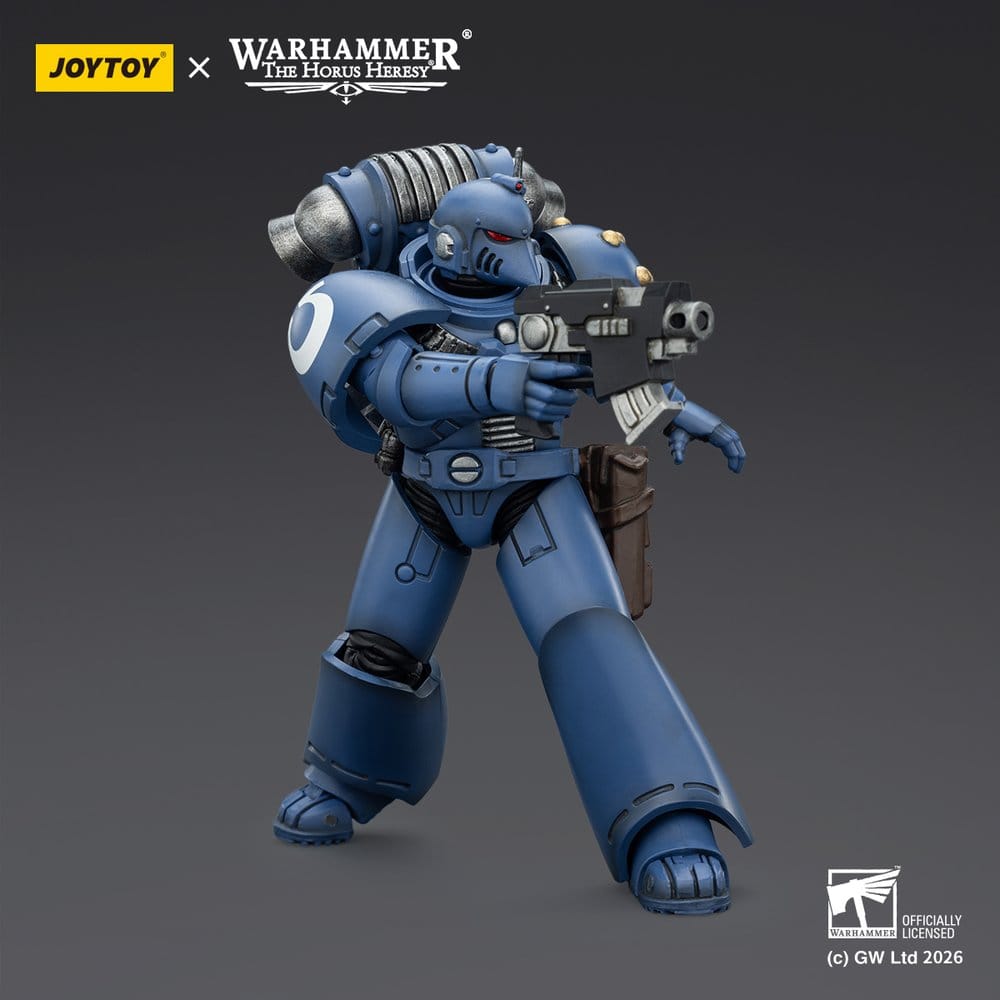 JoyToy Ultramarines MKVI Tactical Legionary figure aiming boltgun, three-quarter view, dark background