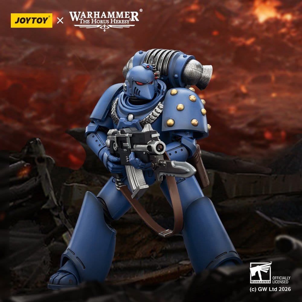 JoyToy Ultramarines MKVI Tactical Legionary figure aiming boltgun on a fiery battlefield scene