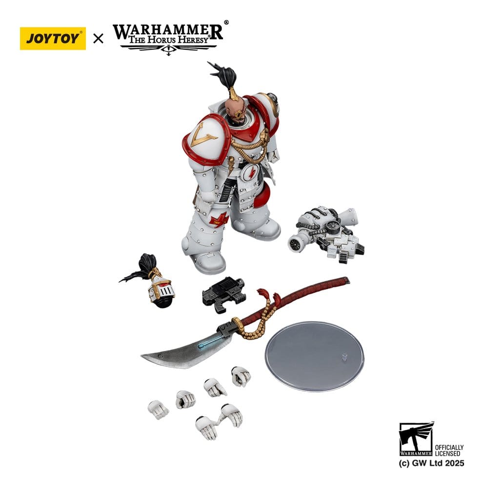 JoyToy White Scars Legion Praetor figure with glaive, pistol, spare head and hands laid out, white background