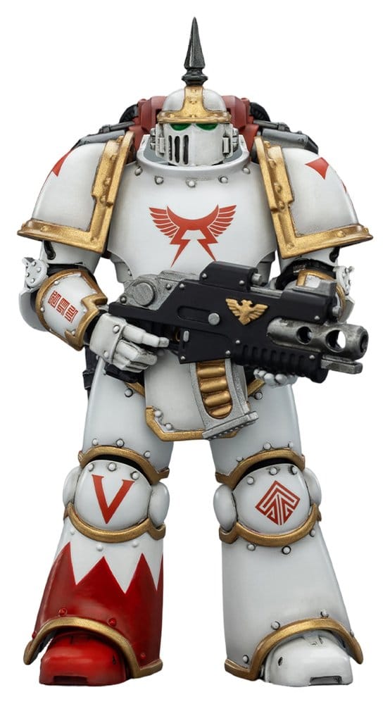 JoyToy White Scars MK III Tactical Legionary figure holding boltgun, front view, white background
