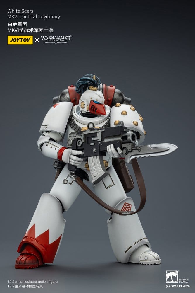 JoyToy White Scars MKVI Tactical Legionary figure in a low stance thrusting bayoneted boltgun