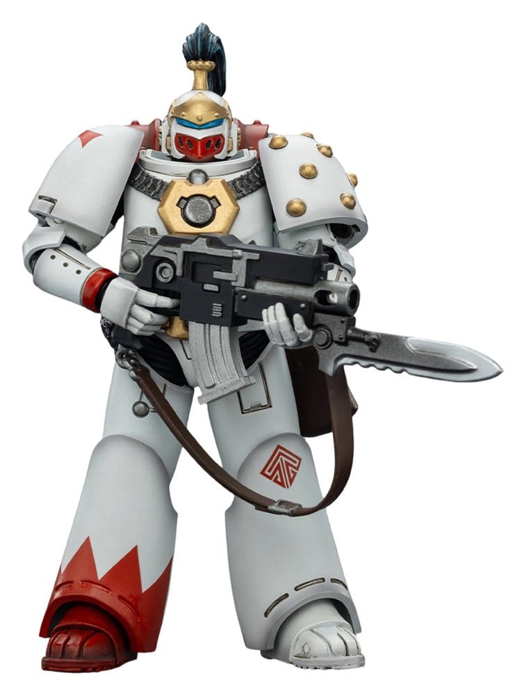 JoyToy White Scars MKVI Tactical Legionary figure with bayoneted boltgun, front view, white background