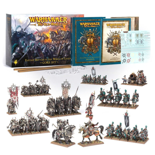Warhammer 40k Fantasy Battlescore miniatures core set display, featuring the illustrated box, rulebook, accessory booklet, and numerous painted miniatures arranged on a white background.