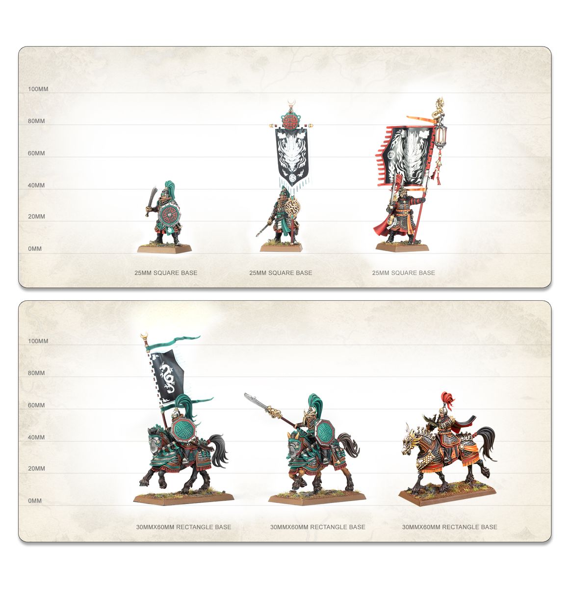 Size guide for Grand Cathay infantry, cavalry and characters with base sizes