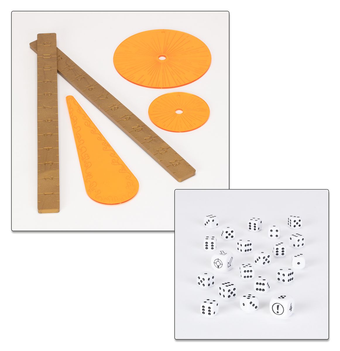 Old World Core Set measuring templates, range rulers and dice