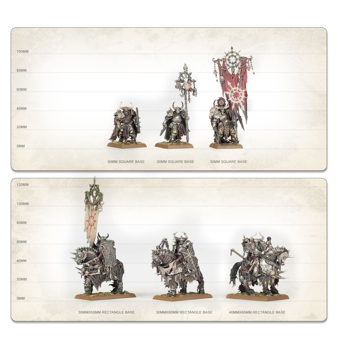 Size guide for Warriors of Chaos infantry and cavalry with base sizes