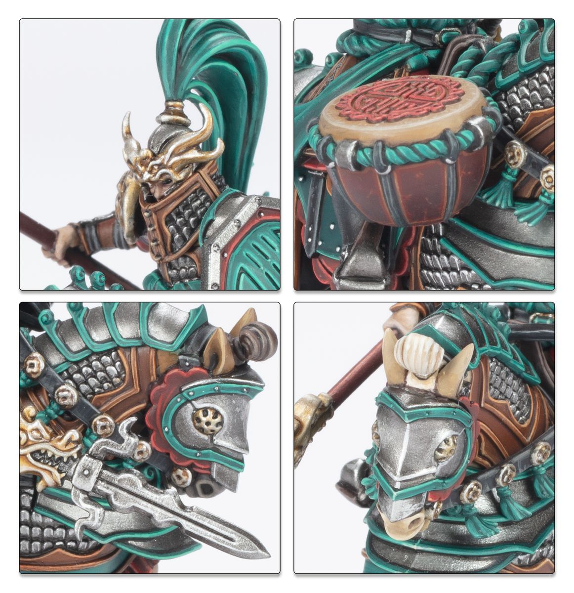 Close-ups of Grand Cathay cavalry helm, drum and armoured horse