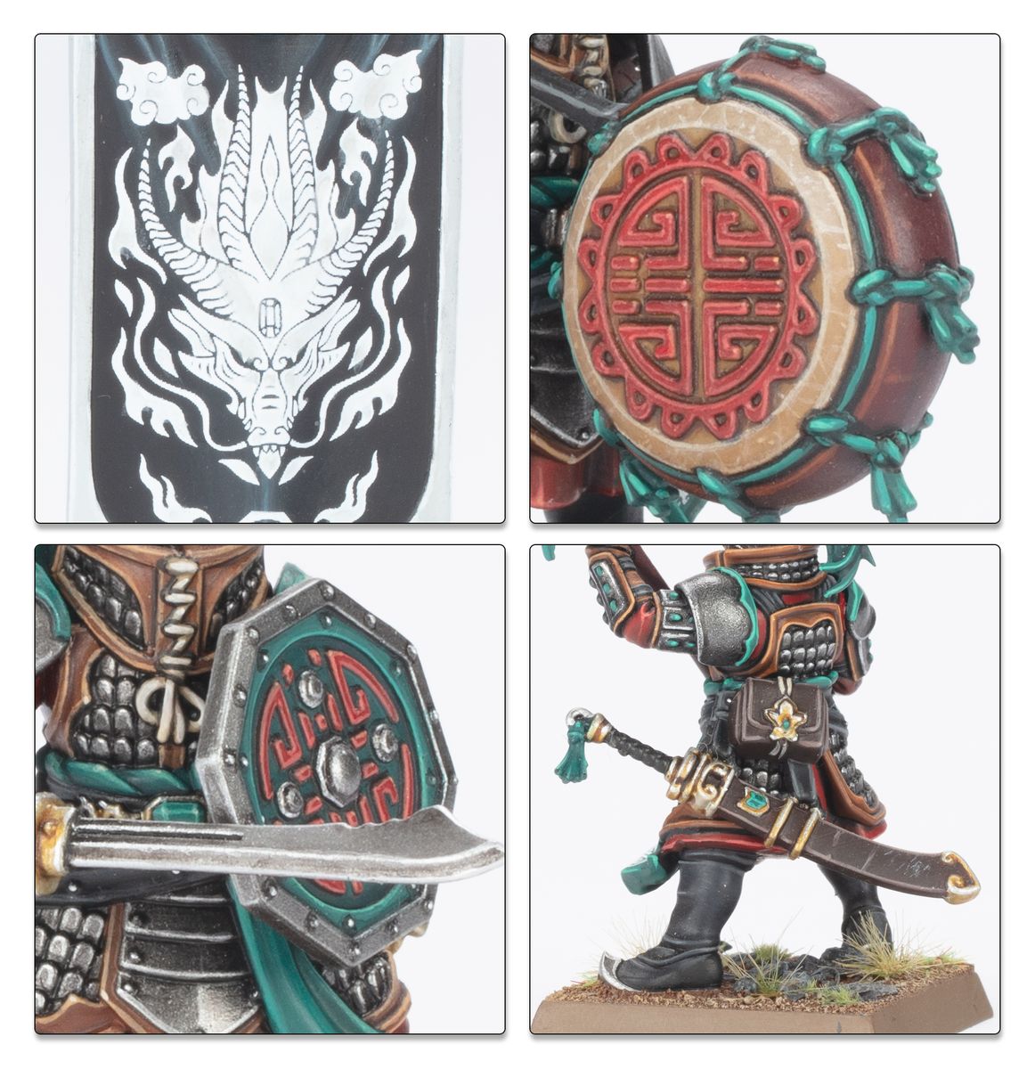 Close-ups of Grand Cathay dragon banner, drum, shield and sword