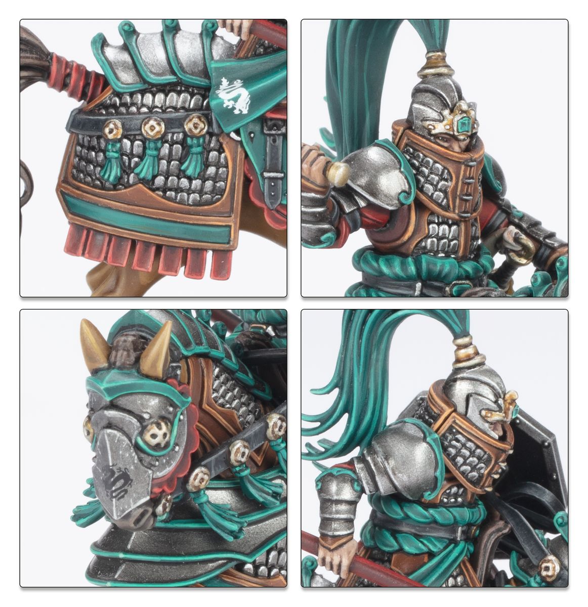 Close-ups of Grand Cathay cavalry barding and plumed helmets