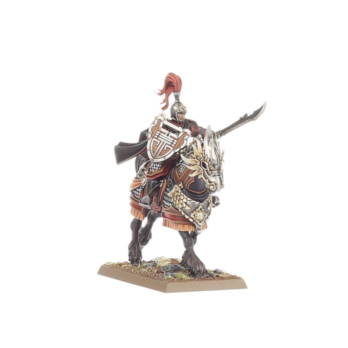Grand Cathay mounted character in red and gold armour with a glaive