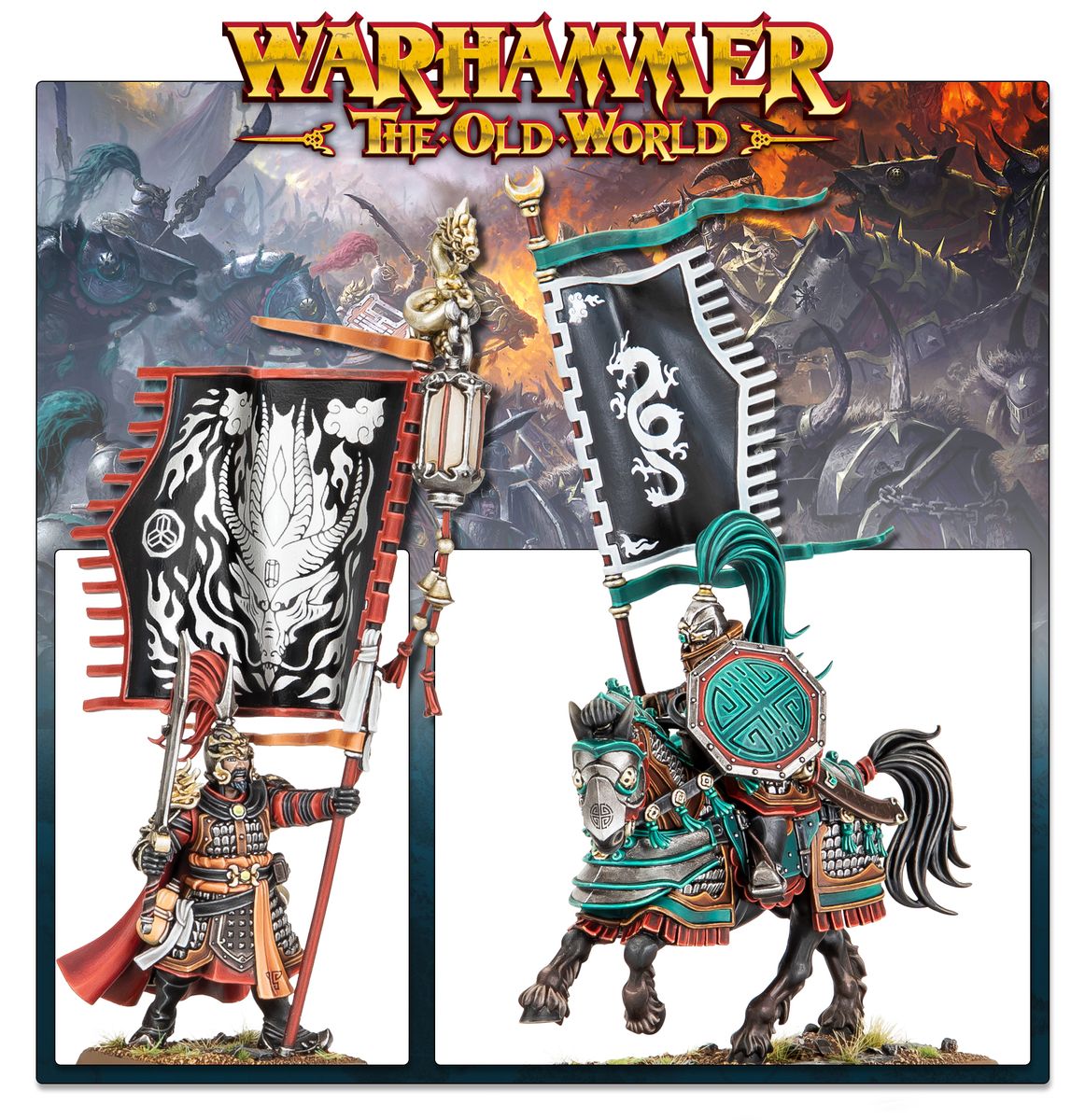 Grand Cathay characters: standard bearer and mounted banner bearer, with Old World branding