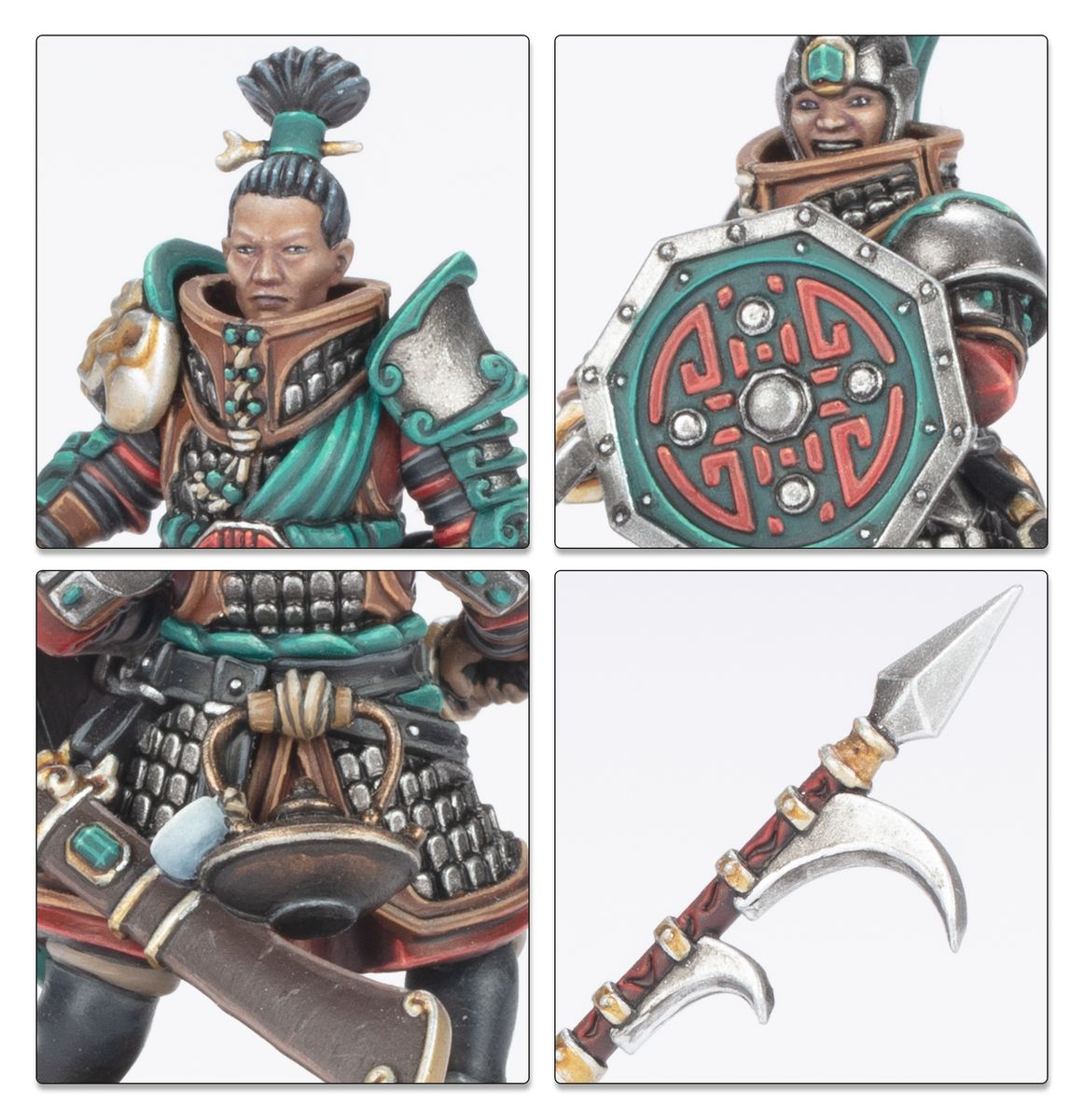 Close-ups of Grand Cathay infantry faces, shields and polearm