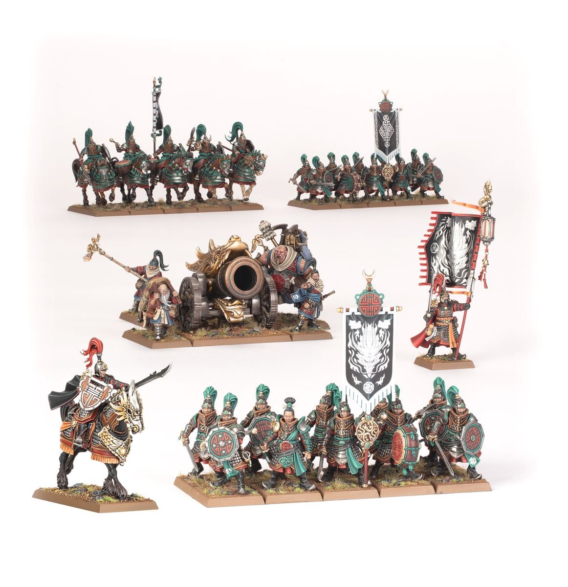 Grand Cathay half of the Old World Core Set: painted infantry, cavalry, cannon and characters