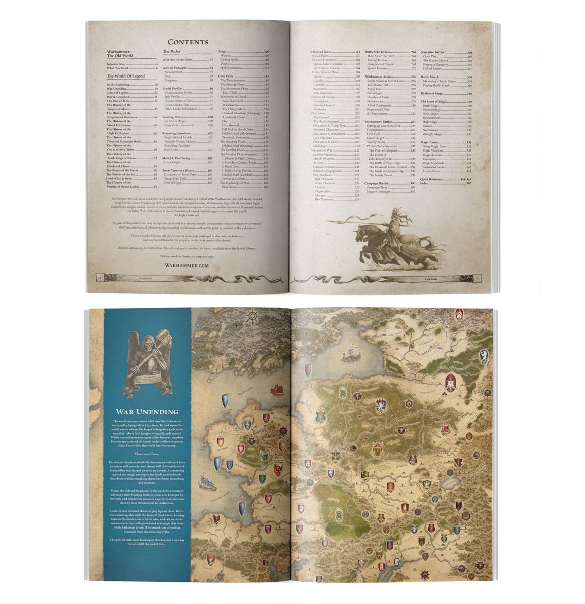 Inside the Old World rulebook: contents page and a map of the Old World