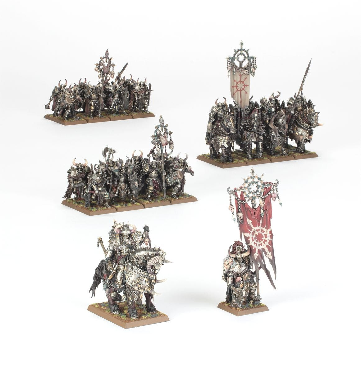 Warriors of Chaos half of the Old World Core Set: painted infantry, cavalry and characters