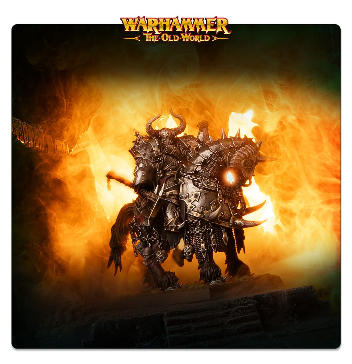 Mounted Warriors of Chaos lord charging through flames