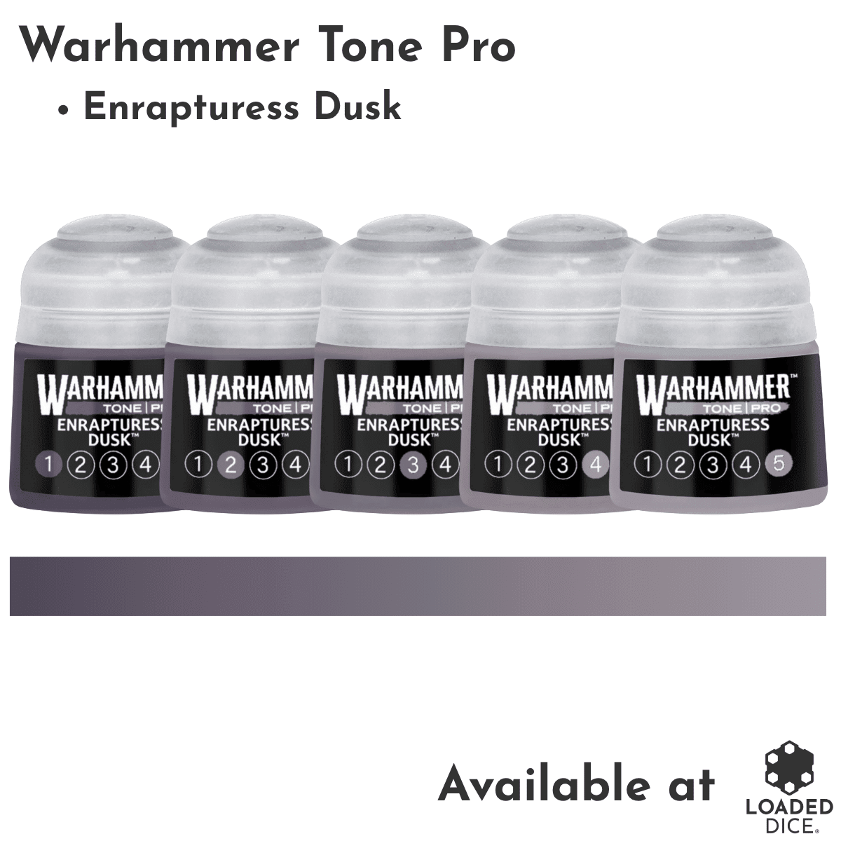 Five Warhammer 40k Tone Pro paint bottles in the Enrapture's Dusk color, shown with a matching color swatch bar below them on a white background.