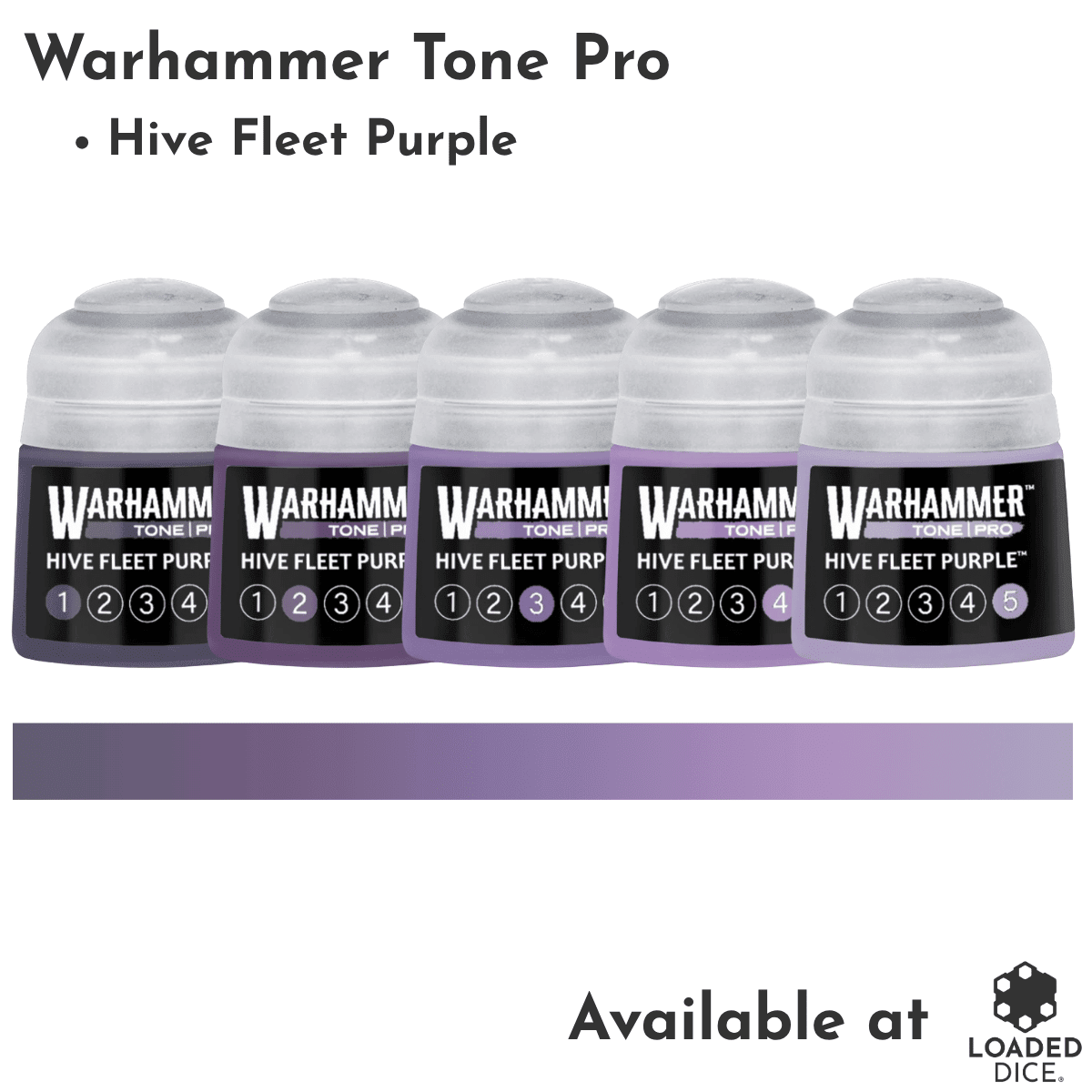 Five Warhammer Tone Pro paint bottles in 'Hive Fleet Purple' shown in a row, with a matching purple color swatch bar below them on a white background. Text at the top reads 'Warhammer Tone Pro - Hive Fleet Purple' and text at the bottom says 'Available at Loaded Dice'.