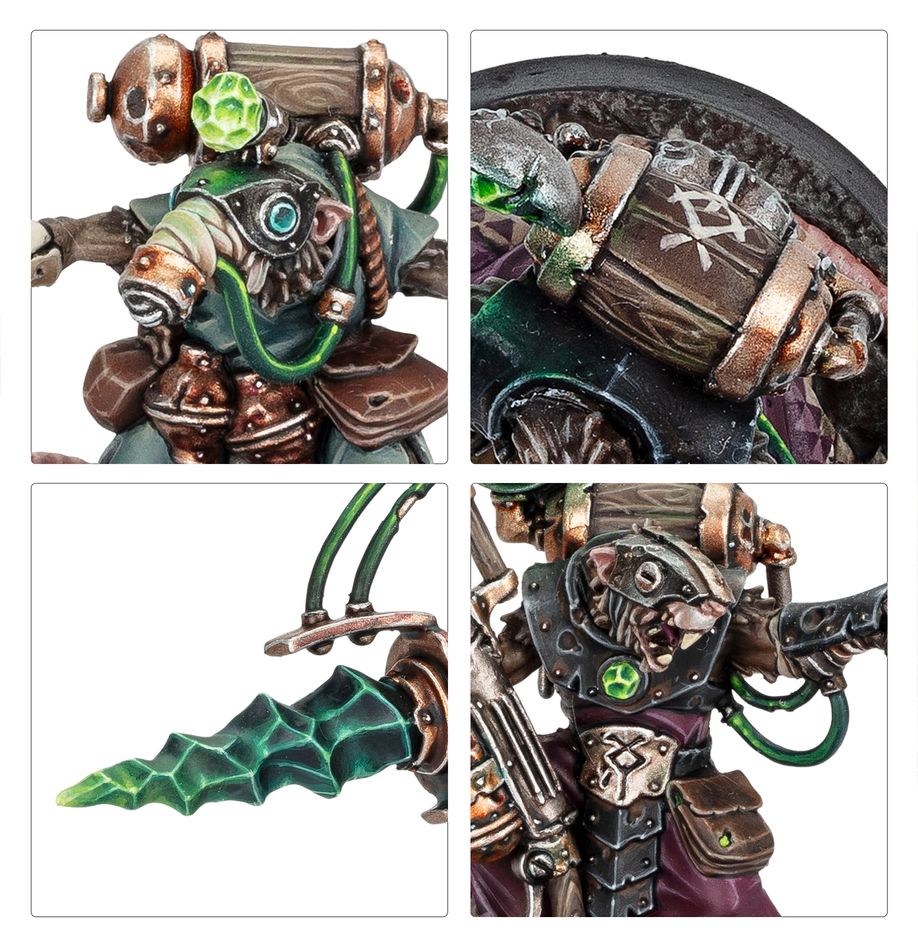 Detail views of Zikkit's Tunnelpack Skaven: glowing warp gear, barrel and green drill blade