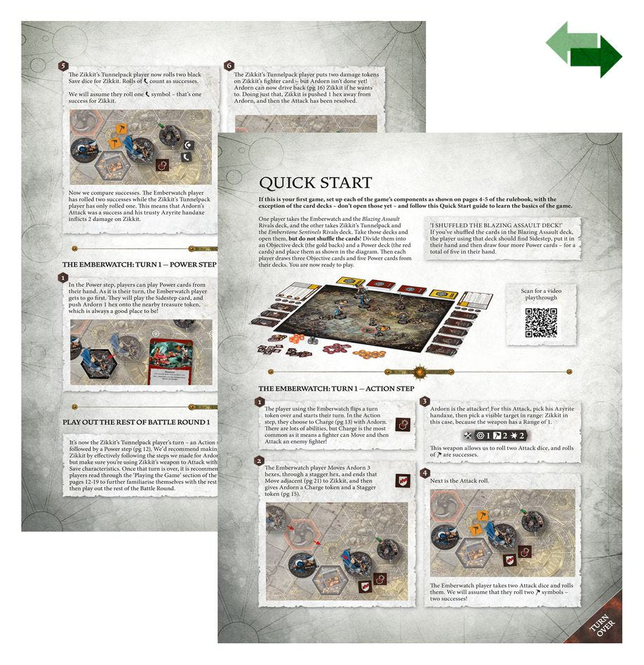 Warhammer Underworlds Embergard quick start guide pages with illustrated turn sequence