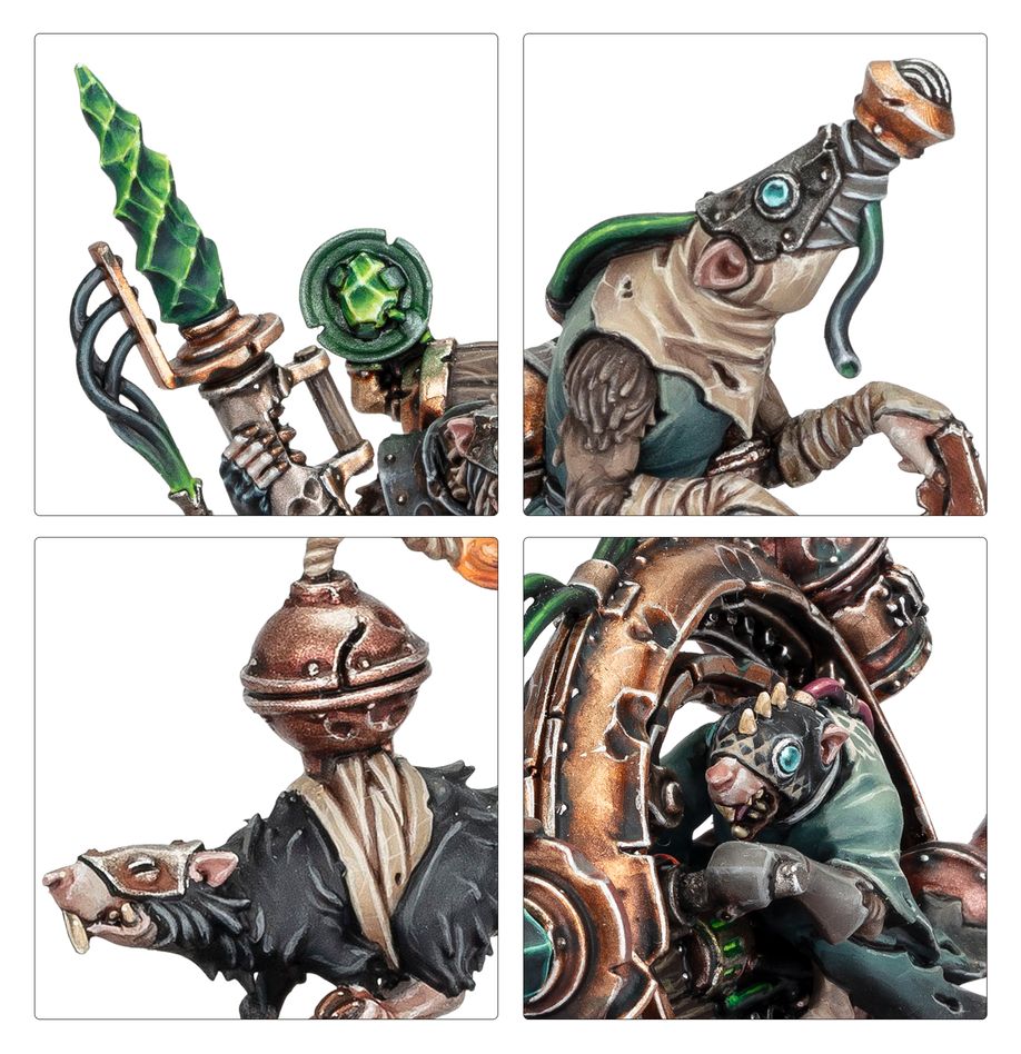 Close-ups of painted Zikkit's Tunnelpack Skaven: green warpstone drill and ratmen details