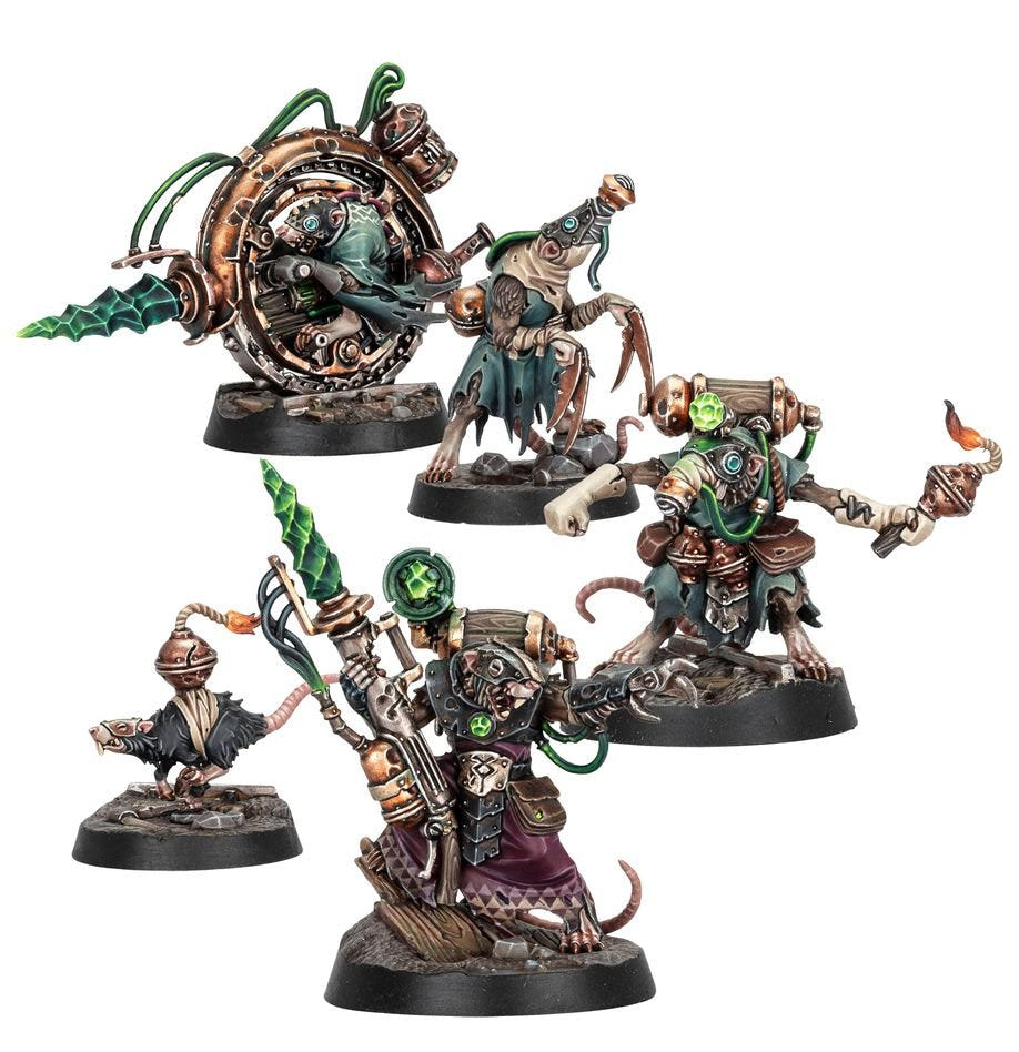 Four painted Skaven miniatures of Zikkit's Tunnelpack from Warhammer Underworlds Embergard